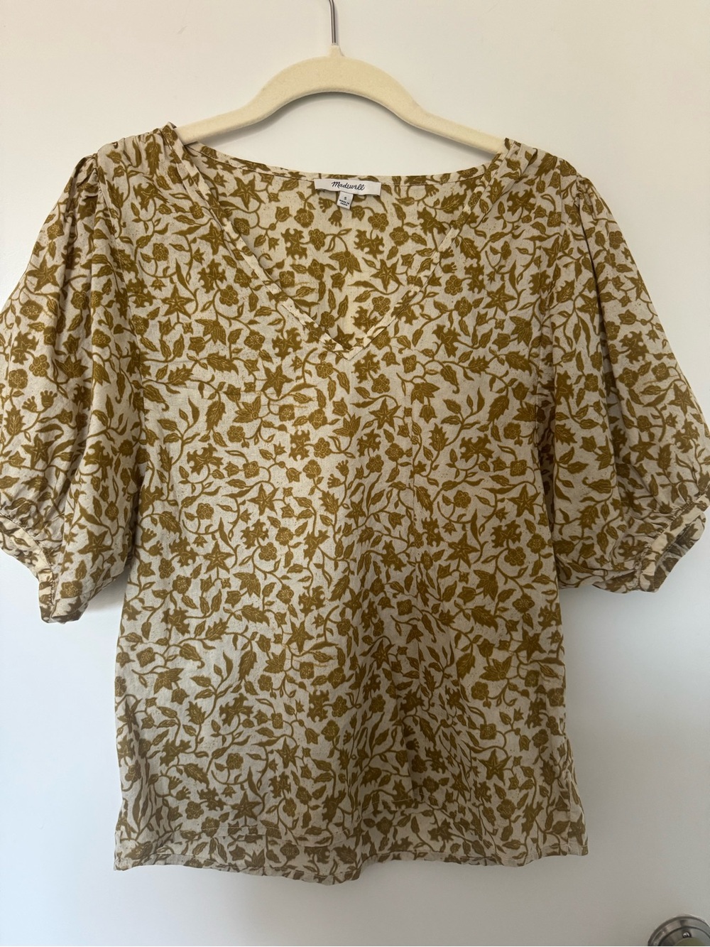 Madewell Cream and Mustard Floral Puff-Sleeve Blouse